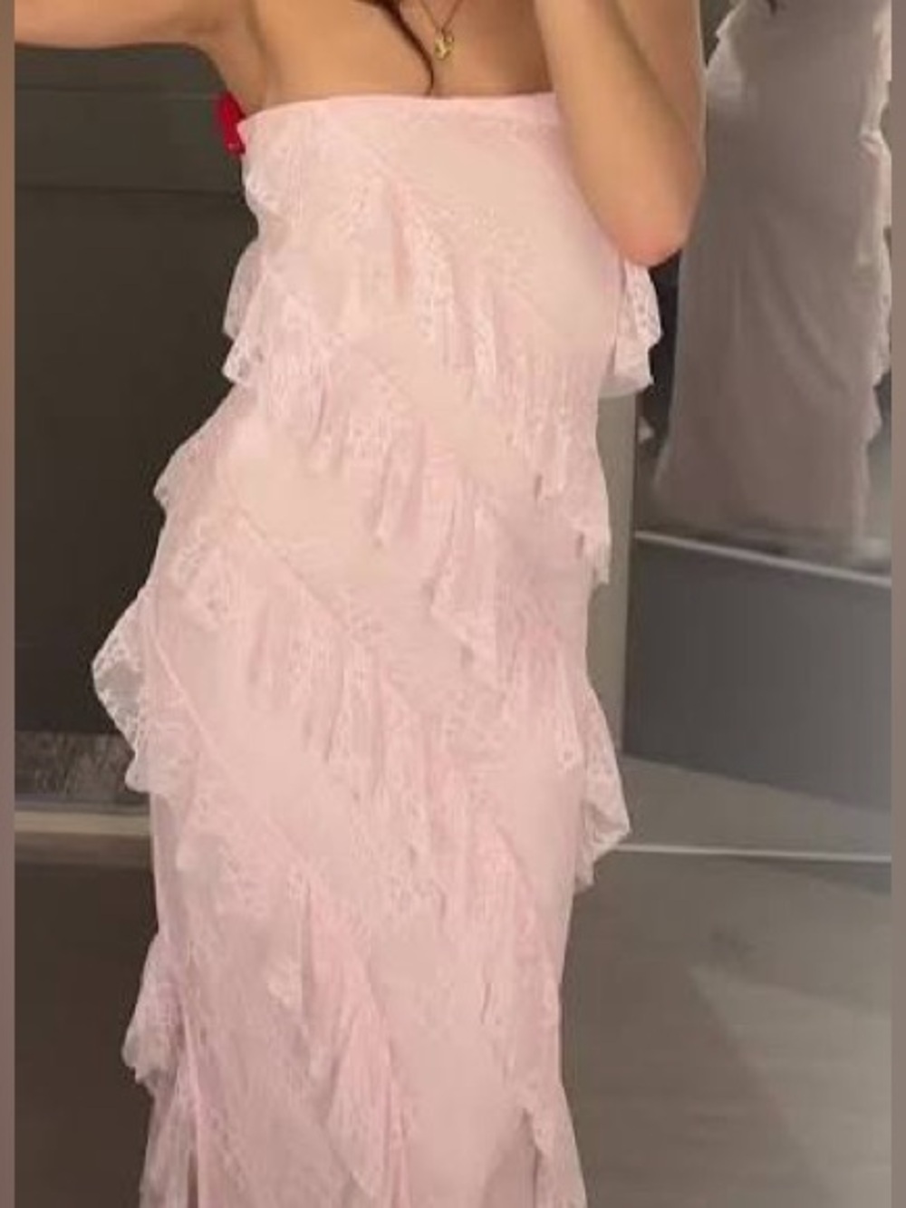 Strapless Pink Lace Ruffle Dress